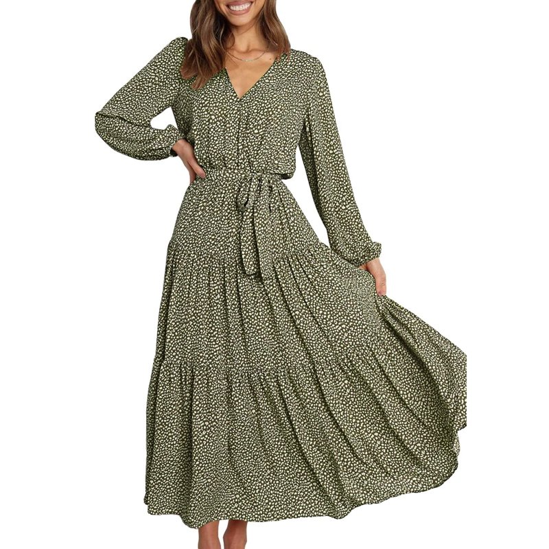 Ladies Chiffon Boho Dress V Neck Long Sleeve High Waist Self Tie Swing Long Floral Print Dresses Autumn