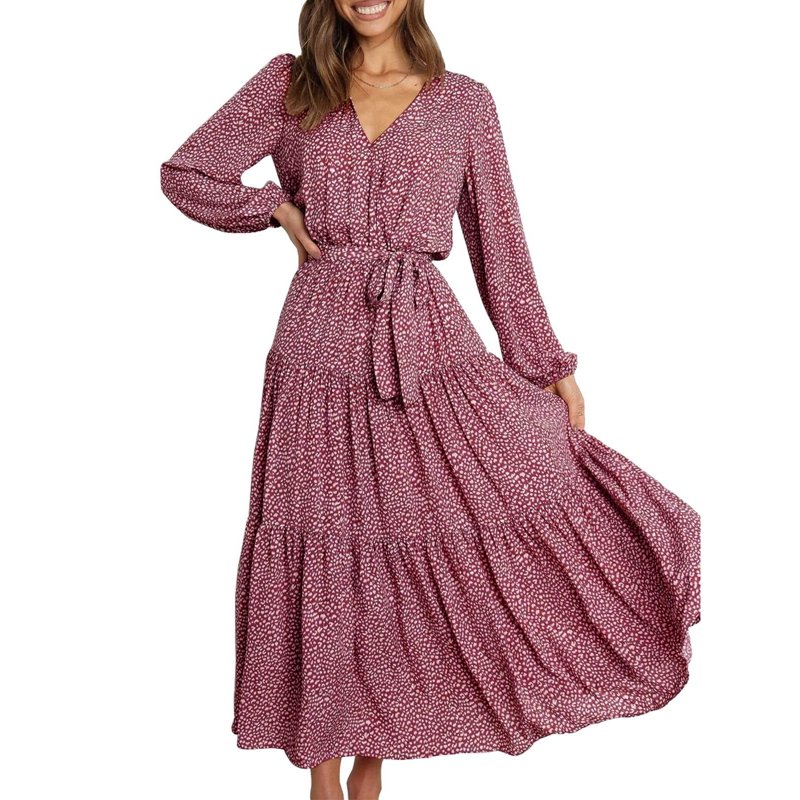 Ladies Chiffon Boho Dress V Neck Long Sleeve High Waist Self Tie Swing Long Floral Print Dresses Autumn