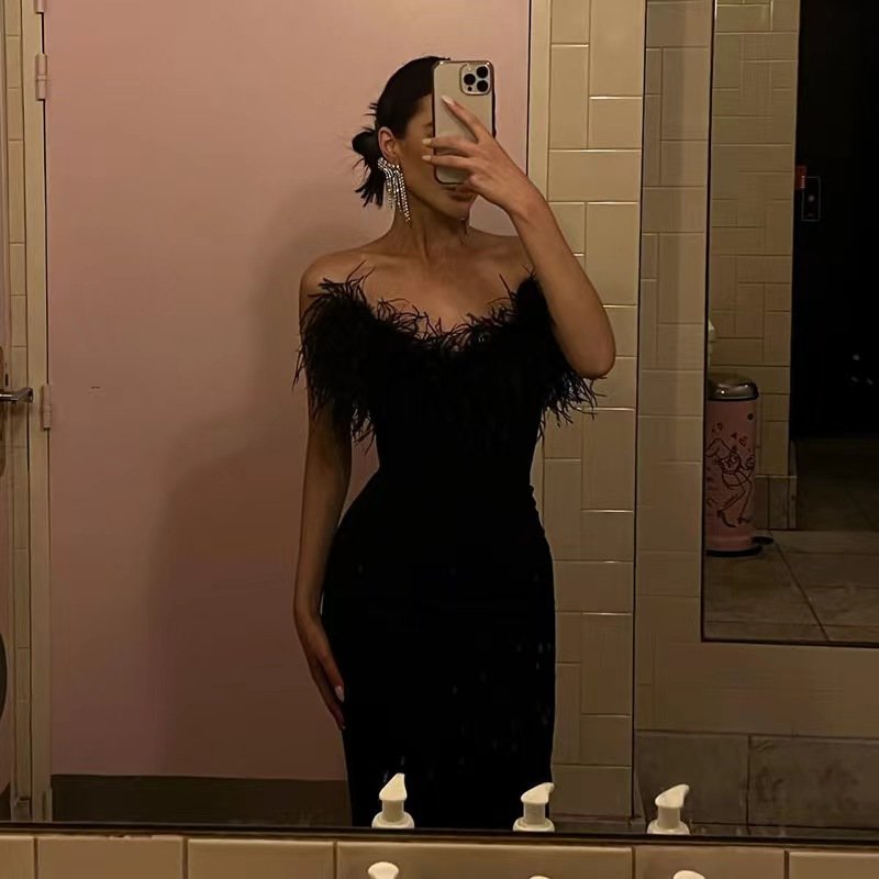 Women Luxury Evening Elegance Luxury Feather One Shoulder Cocktail Dresses Party Dress