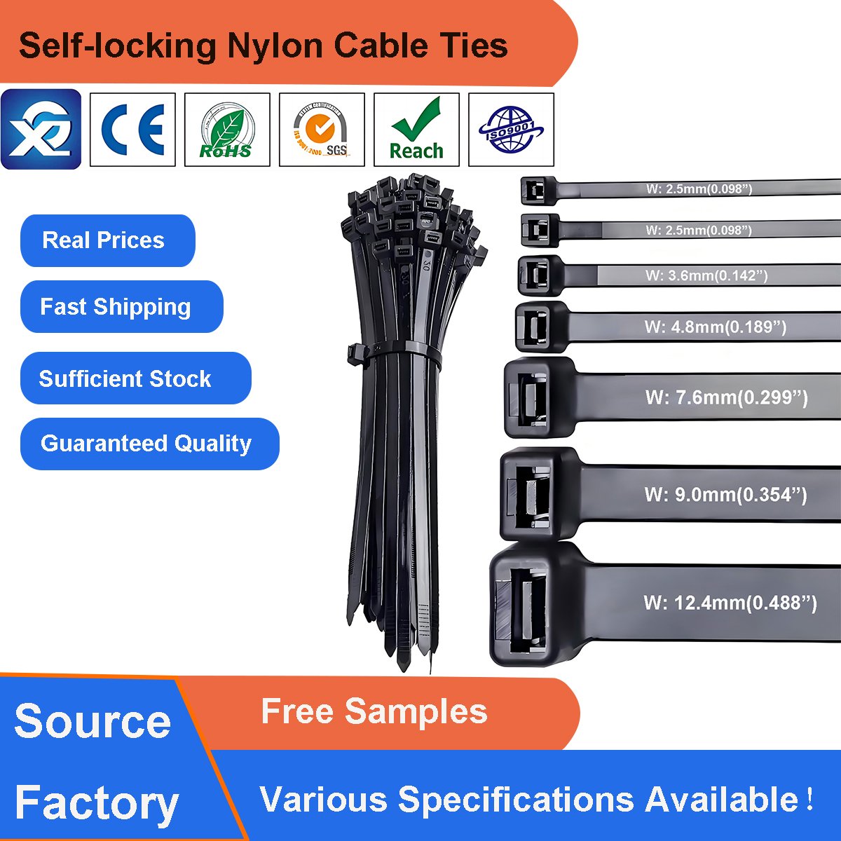 Full-size and multi-color zip tie self-locking plastic nylon 66 heavy duty cable tie