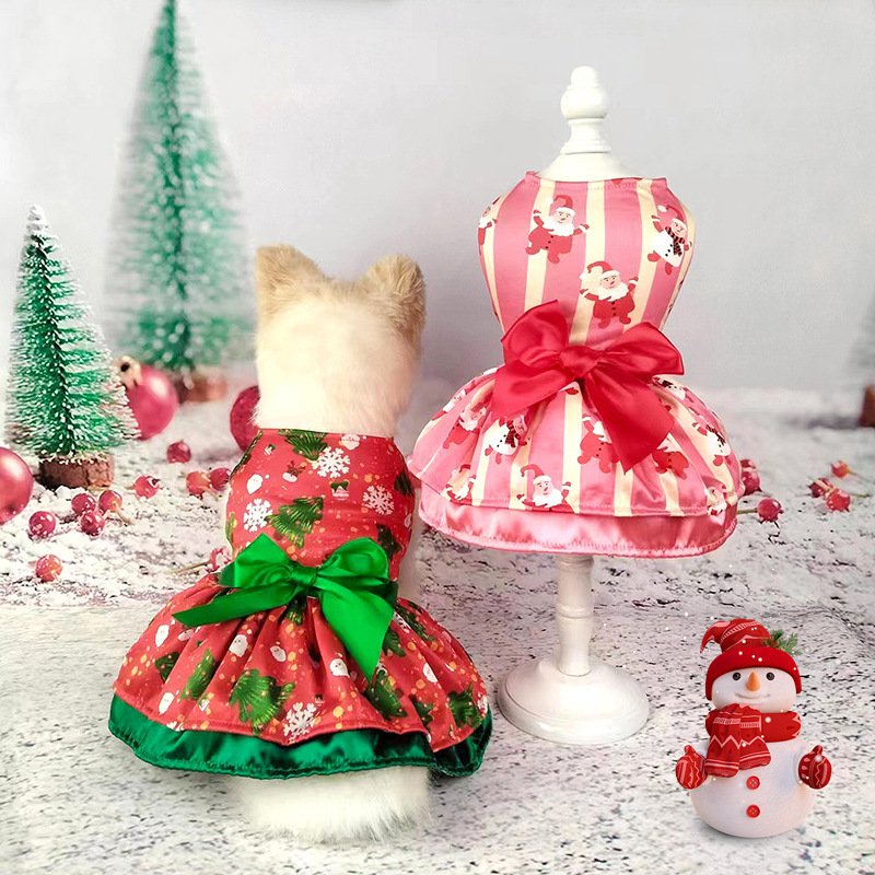 Wholesale Custom Pet Dog Clothes 2024 New Medium Small Double Bow Tie Christmas Pet Cat Dog Christmas Clothes Dress Skirt