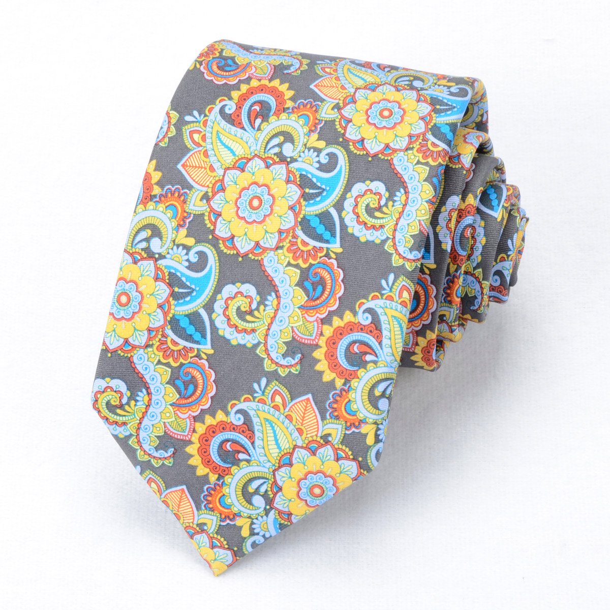 Hamocigia Men's Necktie Handmade Machine 7 Fold Floral Printed Silk Tie