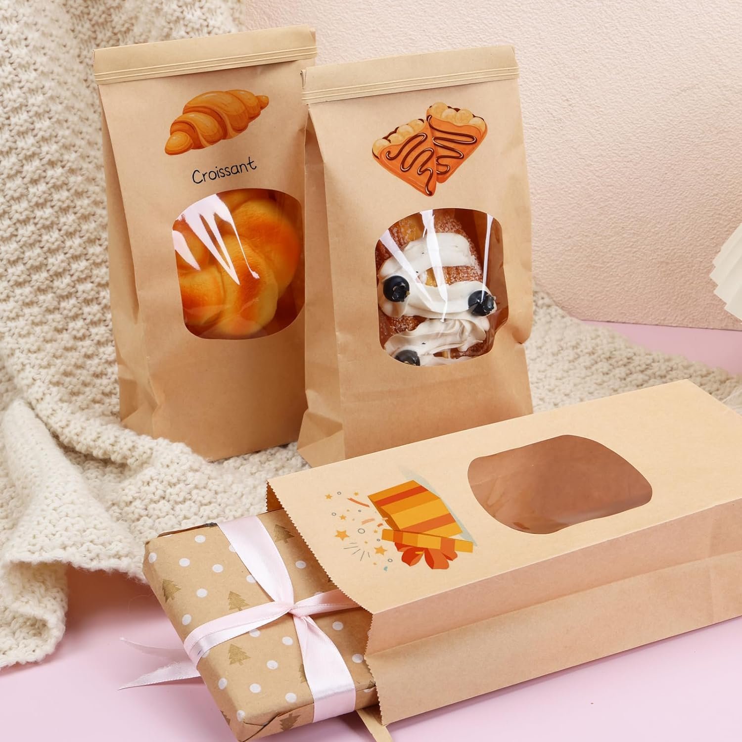 Greaseproof Kraft Paper Square Bottom Paper Bag With Window For Bread Toast Bakery Food Packaging Bag