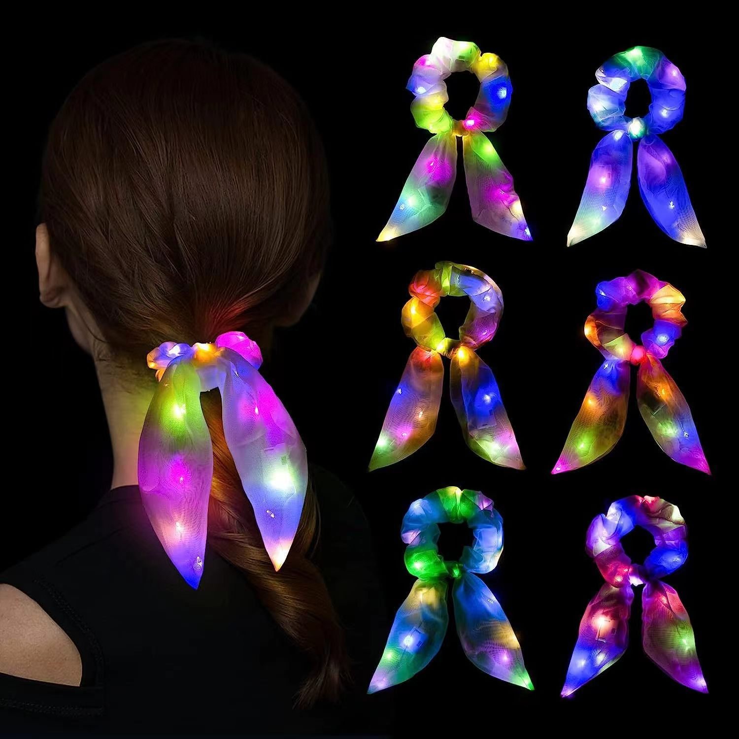 Wholesale Satin Silk Led Flashing Hair Scrunchies Light Up Hairband Elastic Bands Glow Luminous Headband Party Favors Supplies
