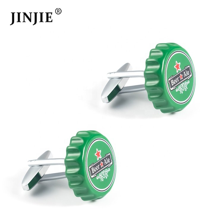 JINJIE Best selling funny novelty copper men jewelry green color beer cap cufflinks for men
