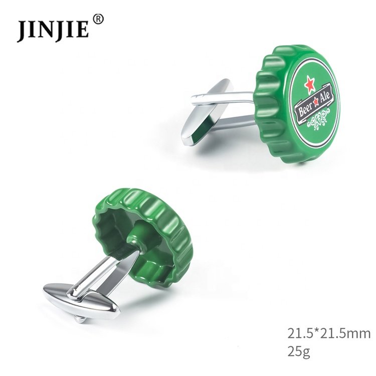 JINJIE Best selling funny novelty copper men jewelry green color beer cap cufflinks for men
