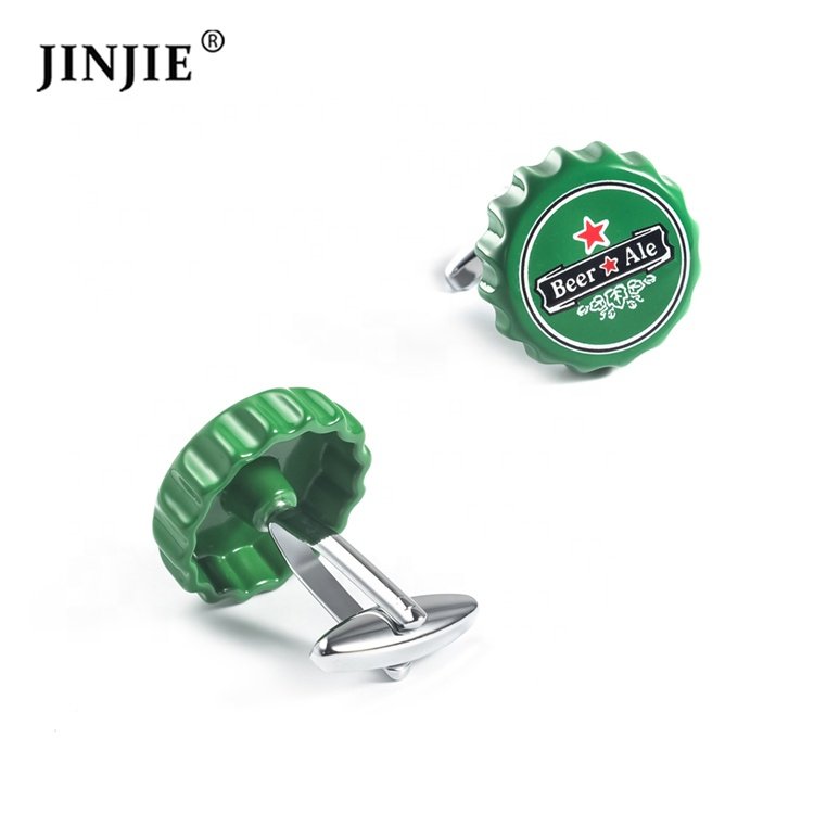 JINJIE Best selling funny novelty copper men jewelry green color beer cap cufflinks for men