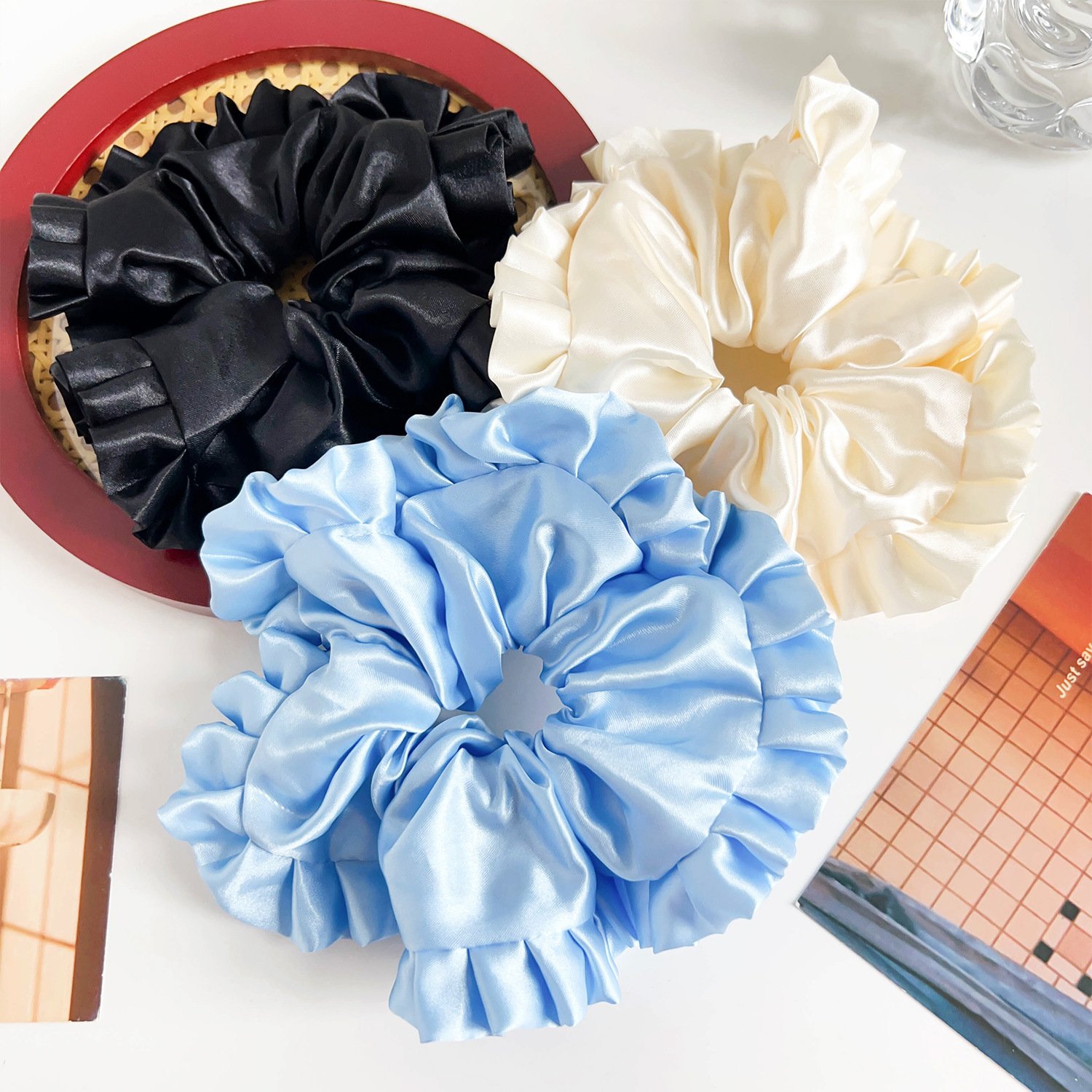 Cute Women Ladies Elastic Lace Border Hair Ties Big Statement Solid Color Hair Scrunchies Stretchy Hair Band Ponytail Holder