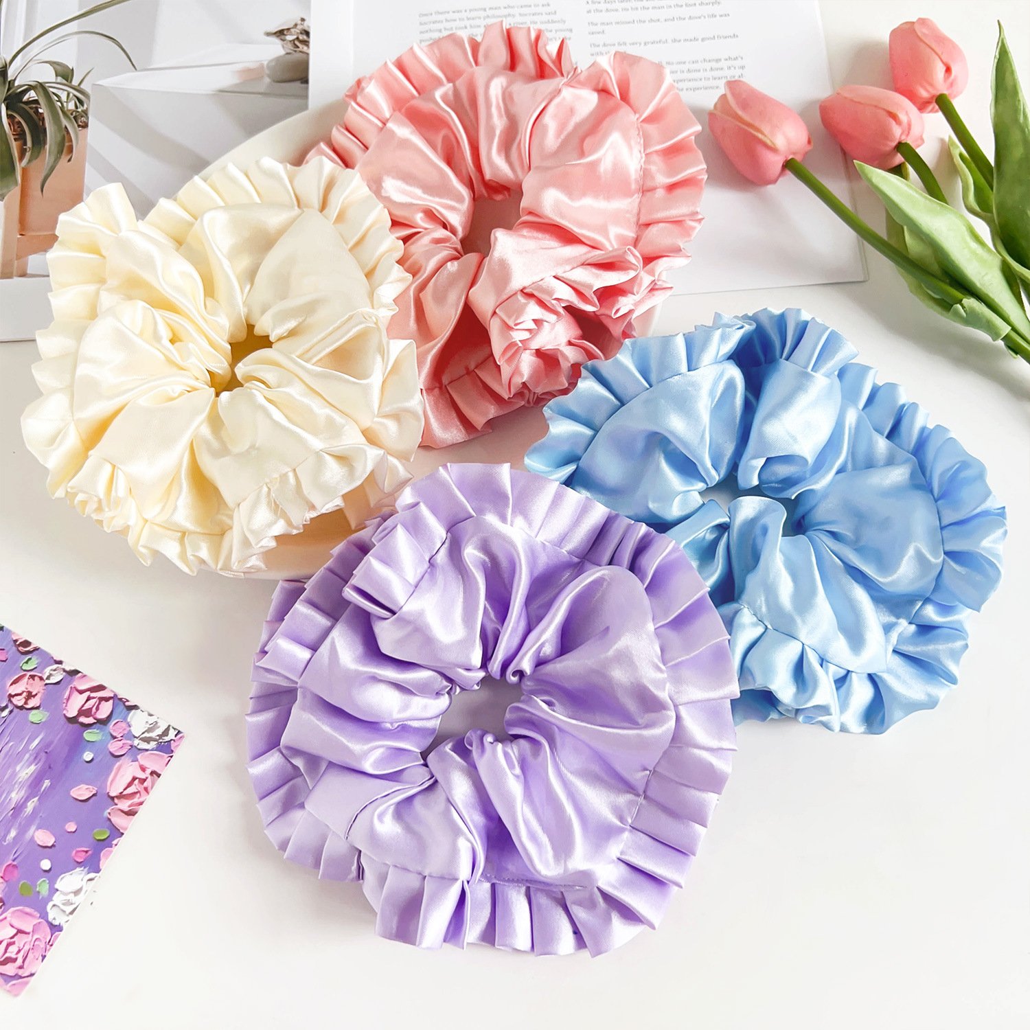 Cute Women Ladies Elastic Lace Border Hair Ties Big Statement Solid Color Hair Scrunchies Stretchy Hair Band Ponytail Holder