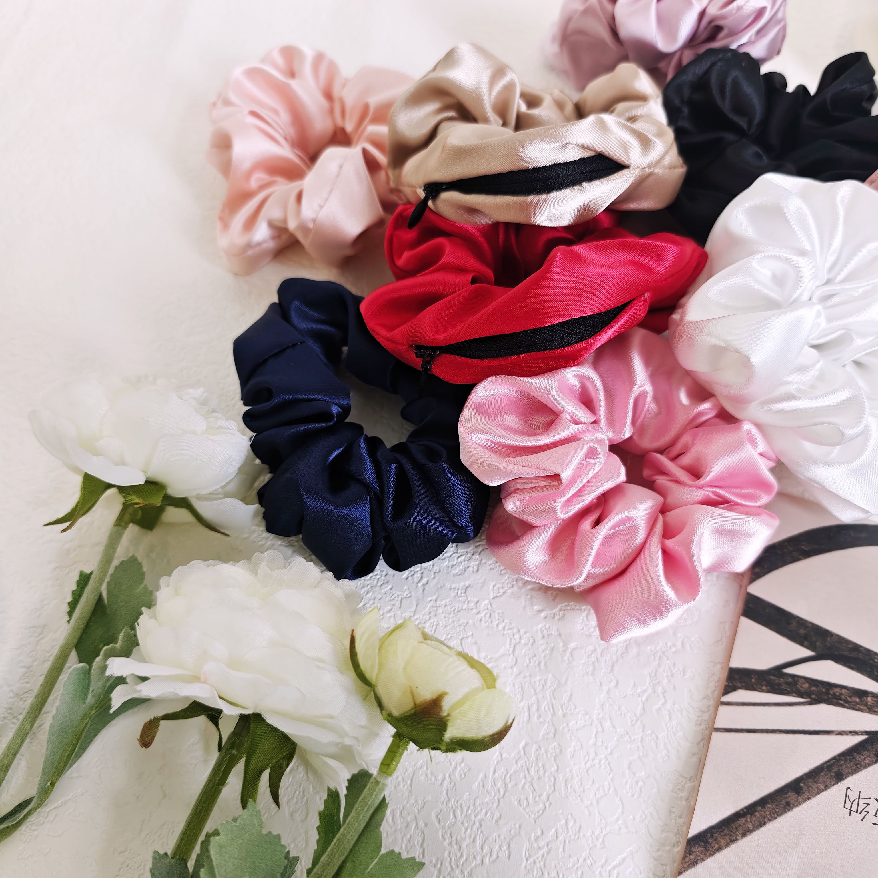 Stocking Satin Hair Tie Hidden Pocket Zipper Scrunchies