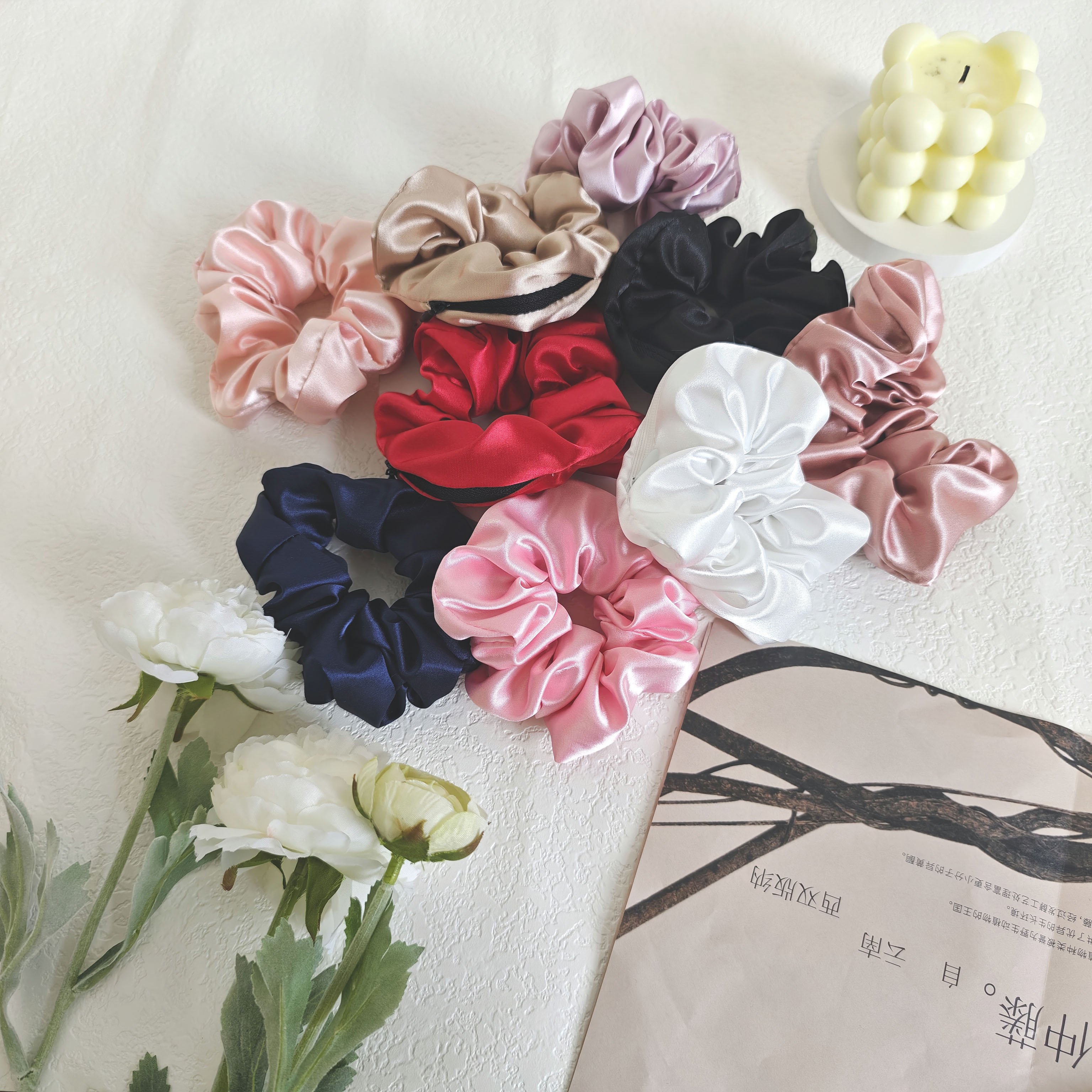 Stocking Satin Hair Tie Hidden Pocket Zipper Scrunchies