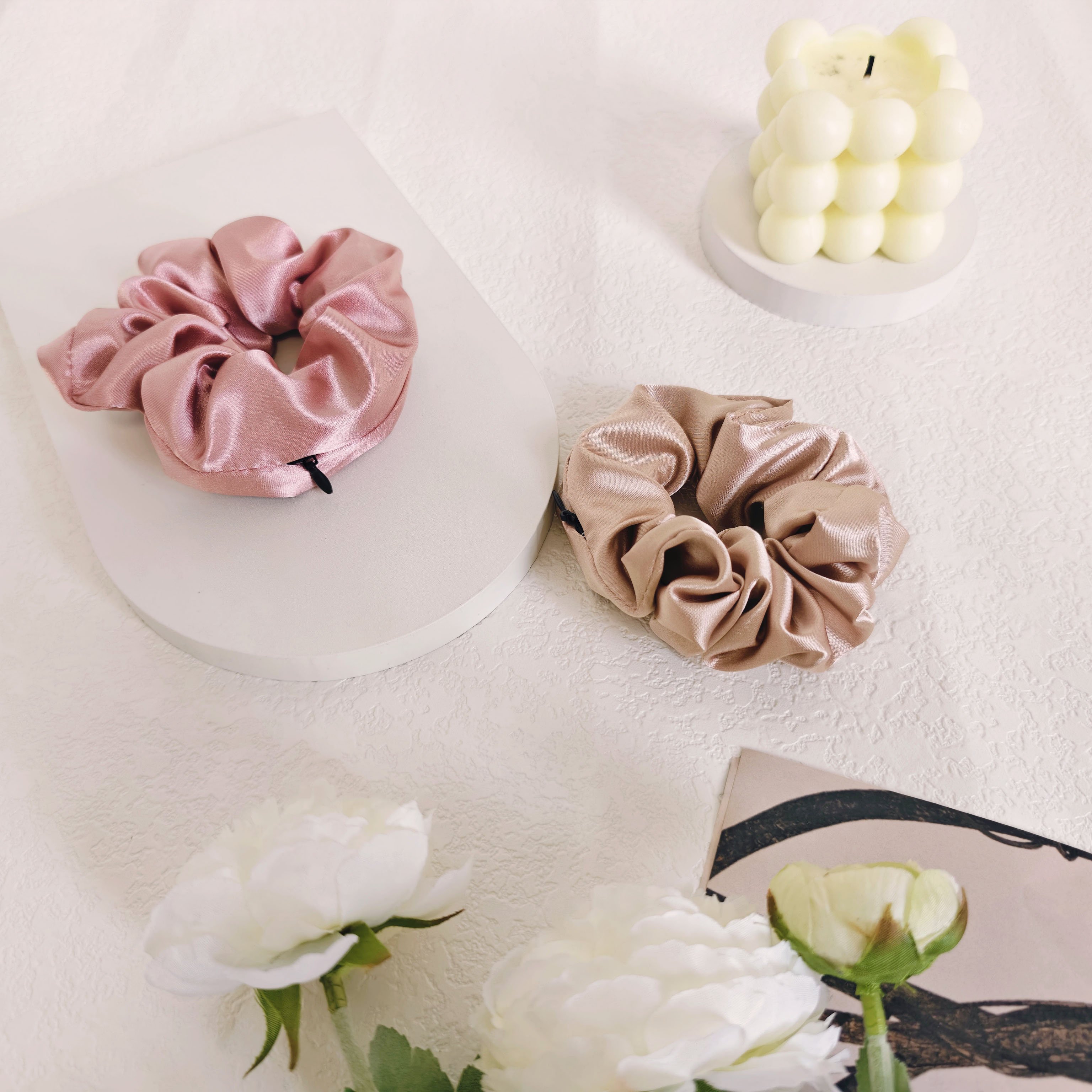 Stocking Satin Hair Tie Hidden Pocket Zipper Scrunchies