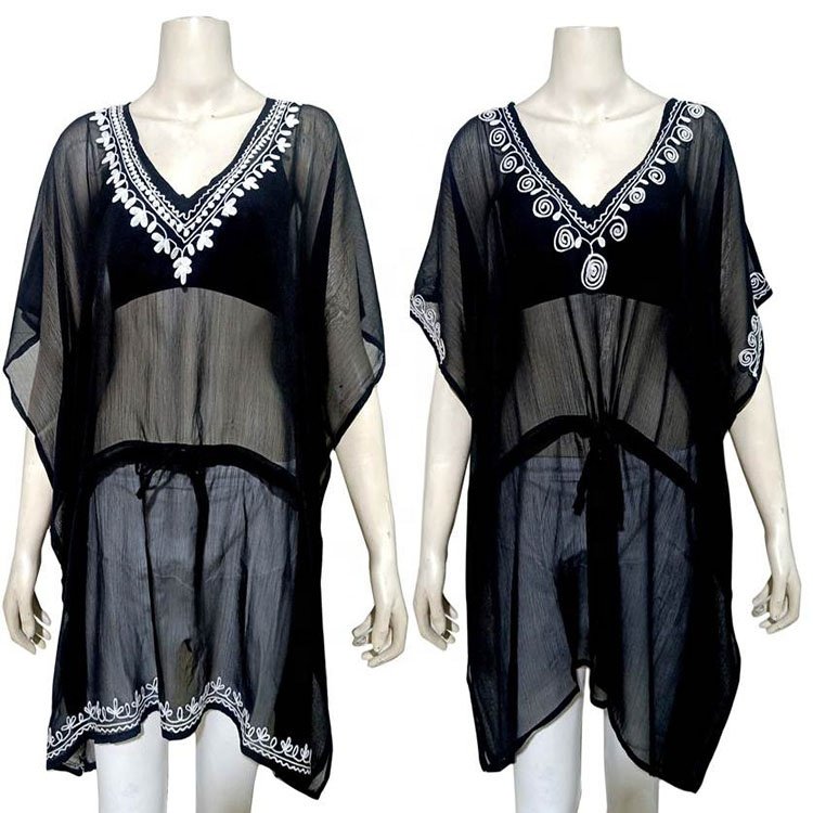 2024 Wholesale Women's Embroidered Floral Cover-Up Swimwear Black Beach Bathing Suit Floral Pattern Ladies' Bathing Cover Ups