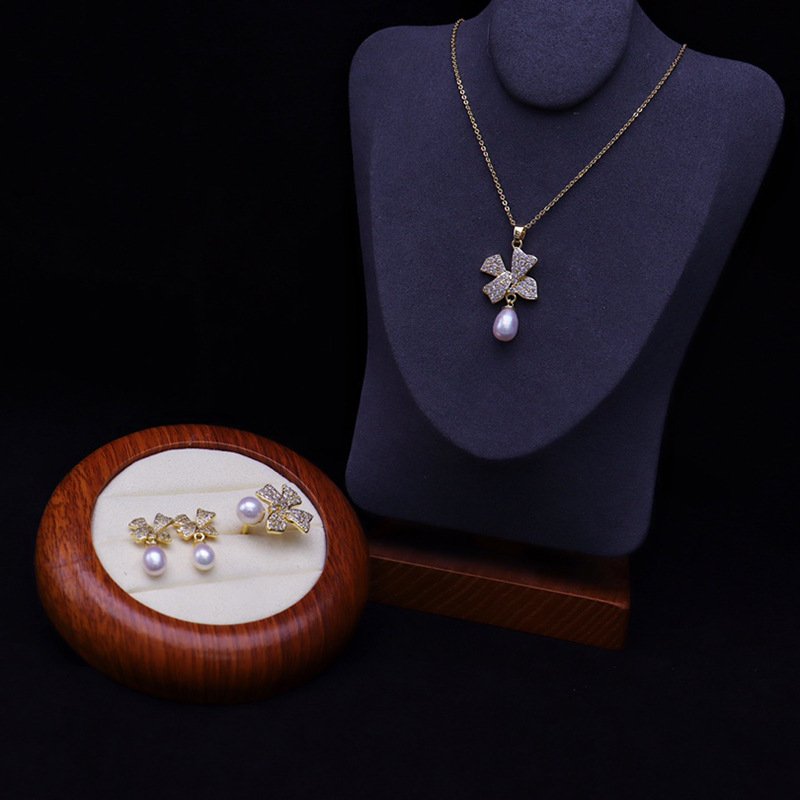 Beautiful Fashion Elegant Bow Tie 8mm Round Fresh Water Pearl Pendant Necklace Ring Earrings Jewelry 4PCS Set