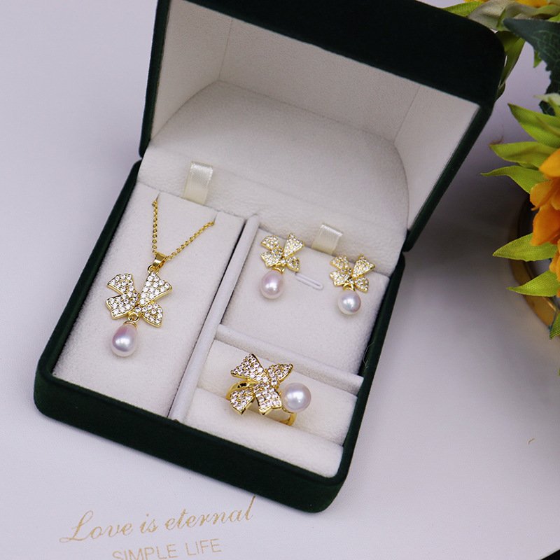 Beautiful Fashion Elegant Bow Tie 8mm Round Fresh Water Pearl Pendant Necklace Ring Earrings Jewelry 4PCS Set