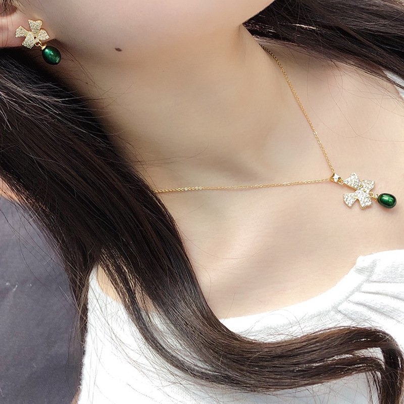 Beautiful Fashion Elegant Bow Tie 8mm Round Fresh Water Pearl Pendant Necklace Ring Earrings Jewelry 4PCS Set