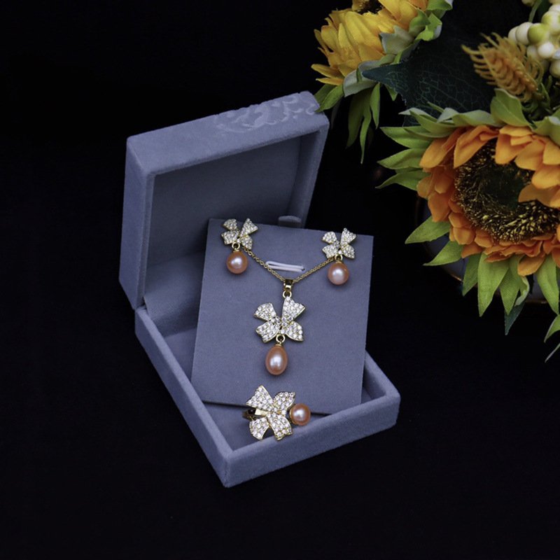 Beautiful Fashion Elegant Bow Tie 8mm Round Fresh Water Pearl Pendant Necklace Ring Earrings Jewelry 4PCS Set