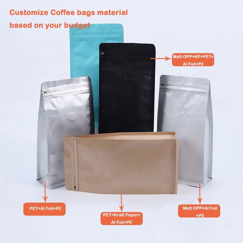 Private label individual custom printed kraft paper flat bottom tin tie coffee bean bags