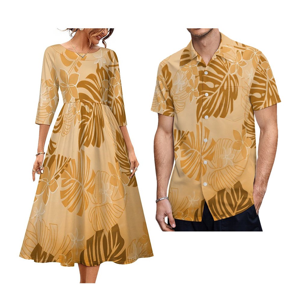 Tie-Dyed Polynesian Casual Dress Matching Men Shirts New Autumn White Sunday Couple Two Piece Sets Short Sleeve Shirt With Dress