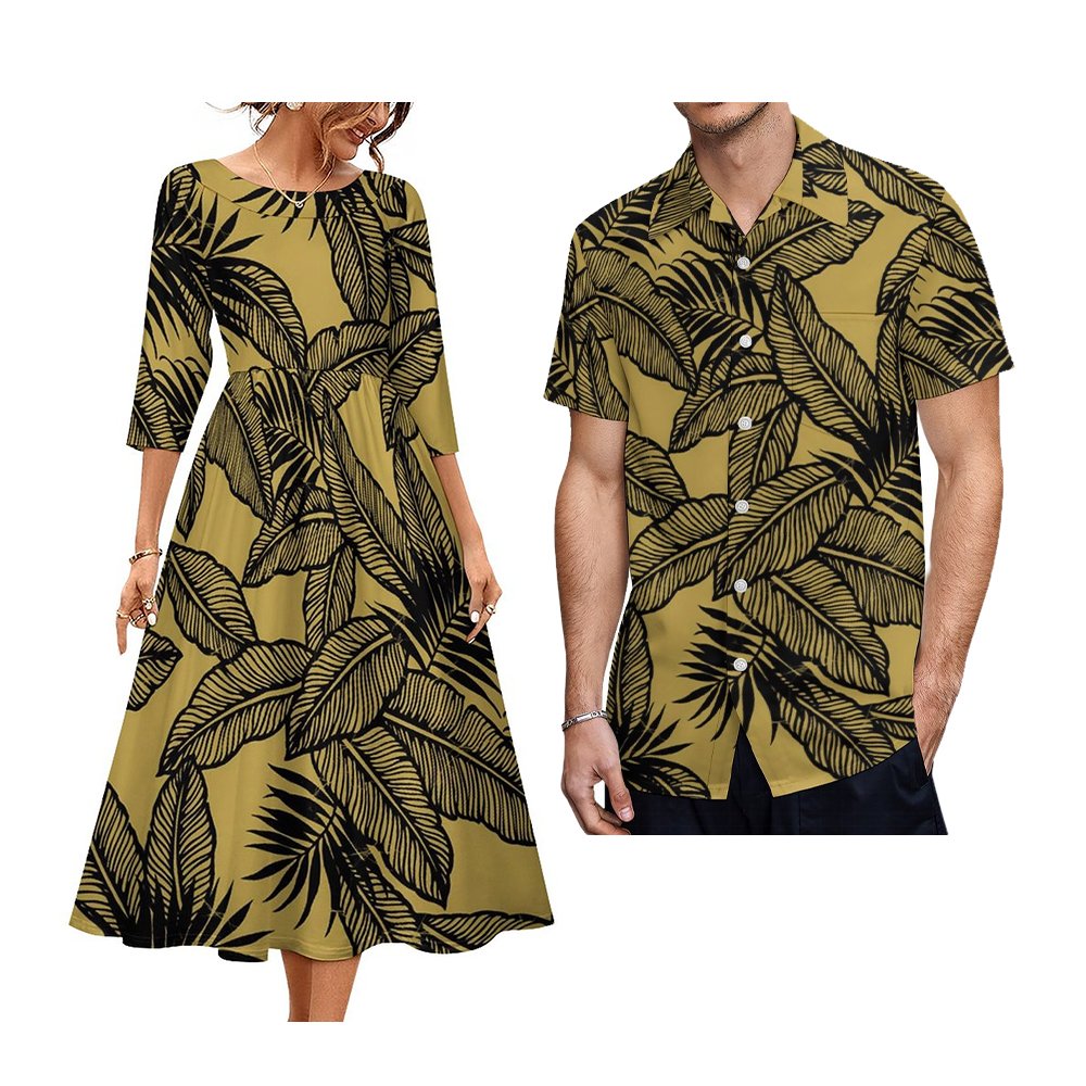 Tie-Dyed Polynesian Casual Dress Matching Men Shirts New Autumn White Sunday Couple Two Piece Sets Short Sleeve Shirt With Dress