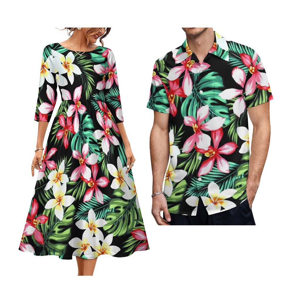Tie-Dyed Polynesian Casual Dress Matching Men Shirts New Autumn White Sunday Couple Two Piece Sets Short Sleeve Shirt With Dress