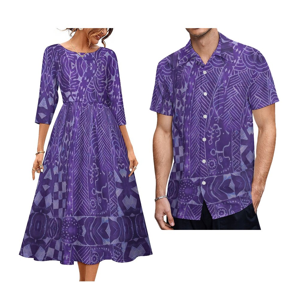 Tie-Dyed Polynesian Casual Dress Matching Men Shirts New Autumn White Sunday Couple Two Piece Sets Short Sleeve Shirt With Dress