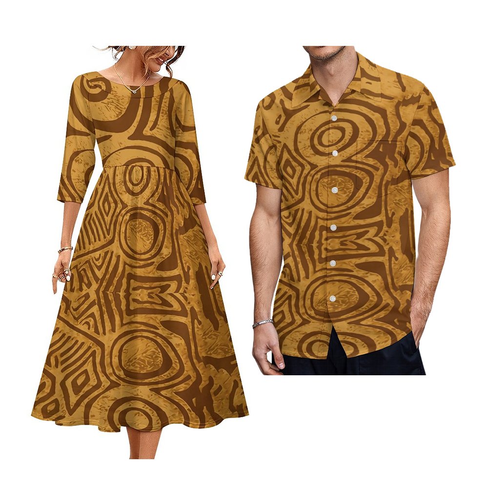 Tie-Dyed Polynesian Casual Dress Matching Men Shirts New Autumn White Sunday Couple Two Piece Sets Short Sleeve Shirt With Dress