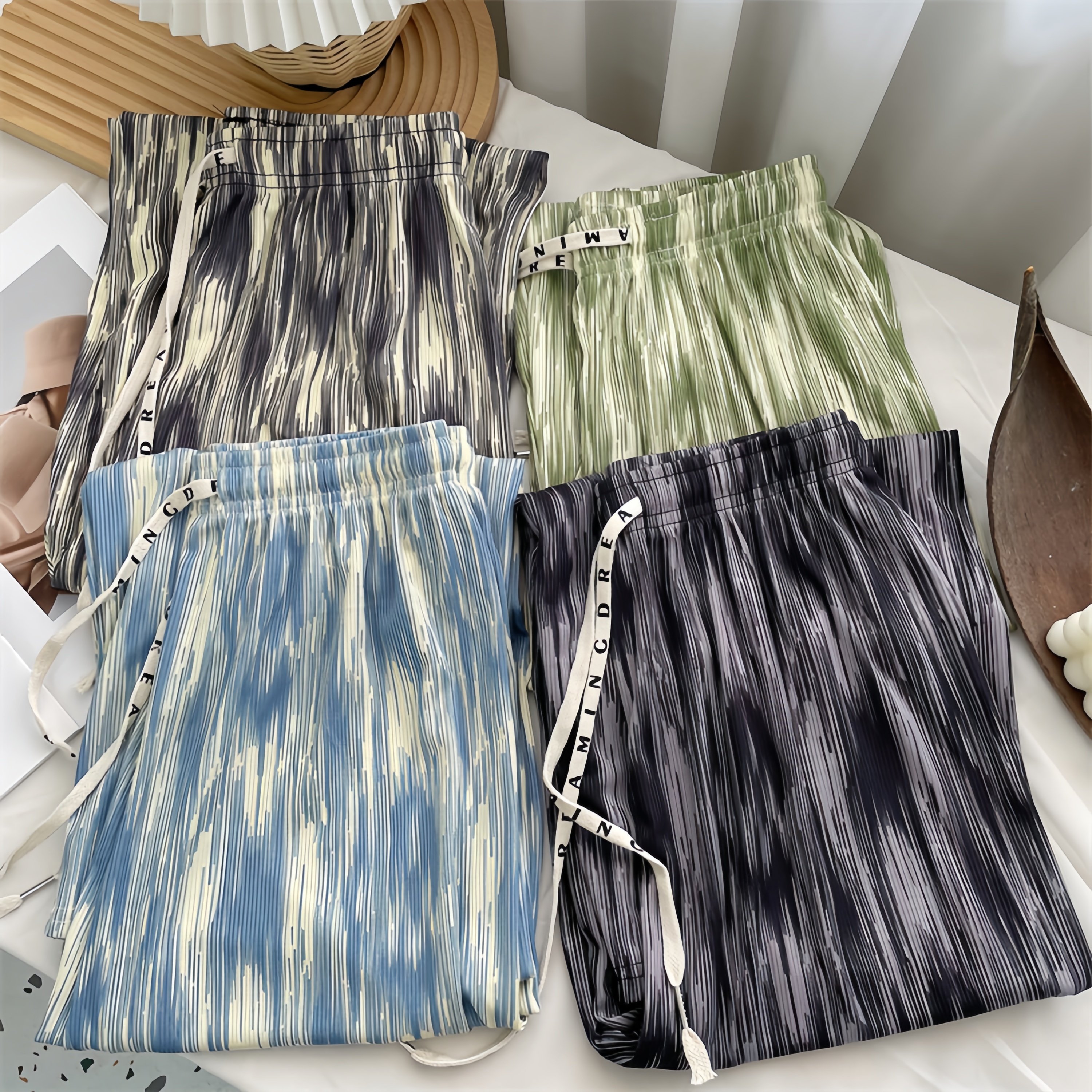 Tie Dyed Print Women Casual Pants High Waist Drawstring Loose Ice Silk Trousers Spring Summer Lady Soft Wide Leg Pants