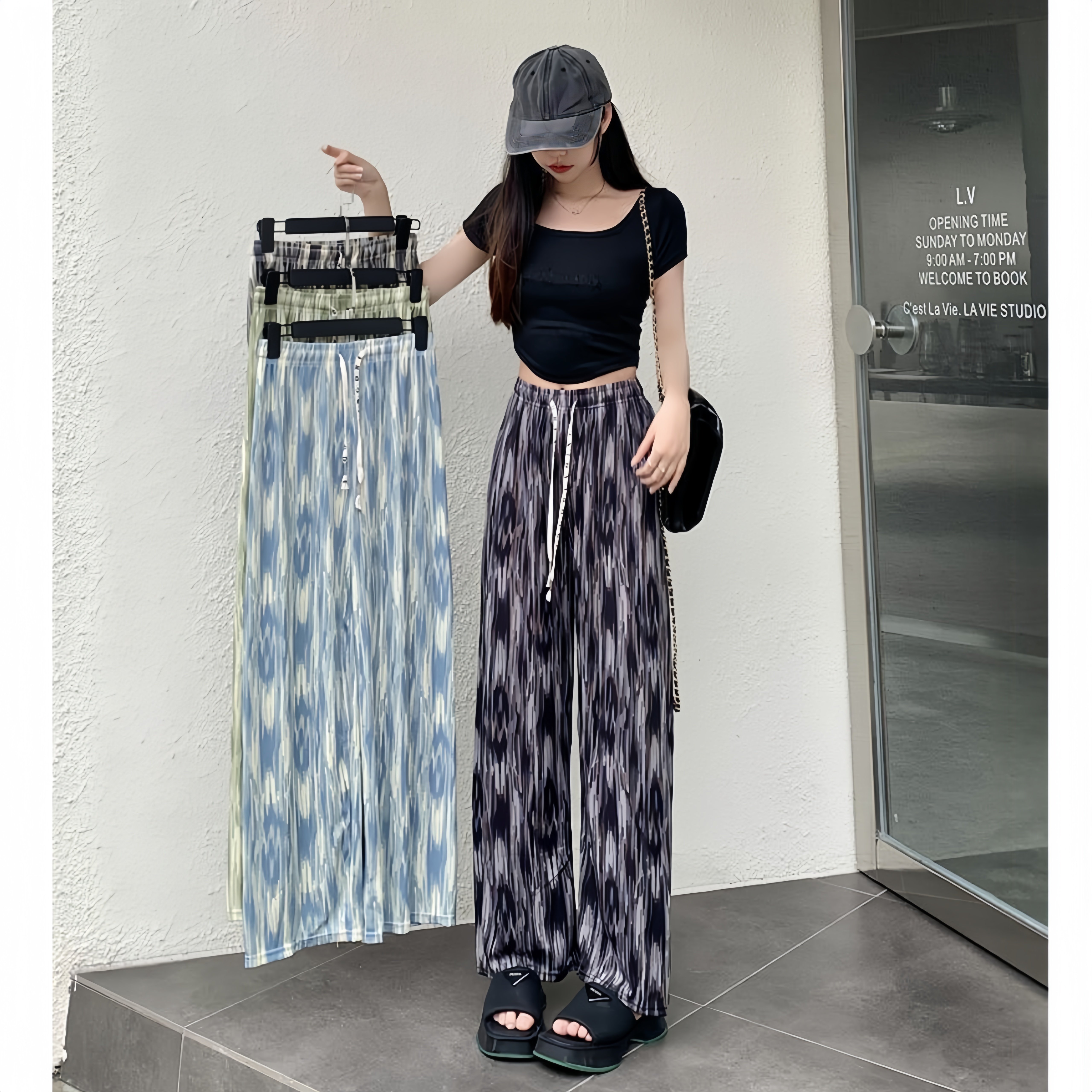 Tie Dyed Print Women Casual Pants High Waist Drawstring Loose Ice Silk Trousers Spring Summer Lady Soft Wide Leg Pants