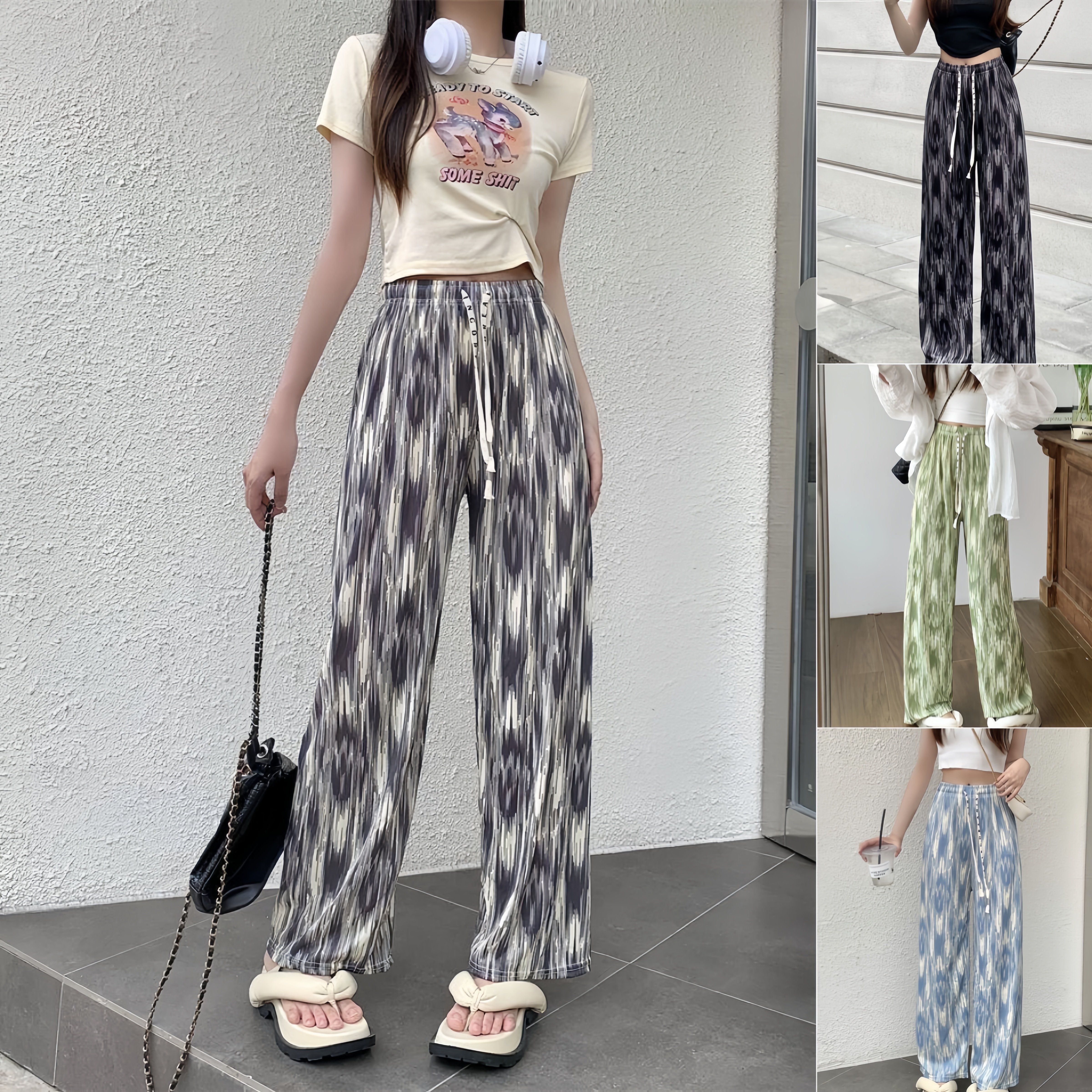 Tie Dyed Print Women Casual Pants High Waist Drawstring Loose Ice Silk Trousers Spring Summer Lady Soft Wide Leg Pants