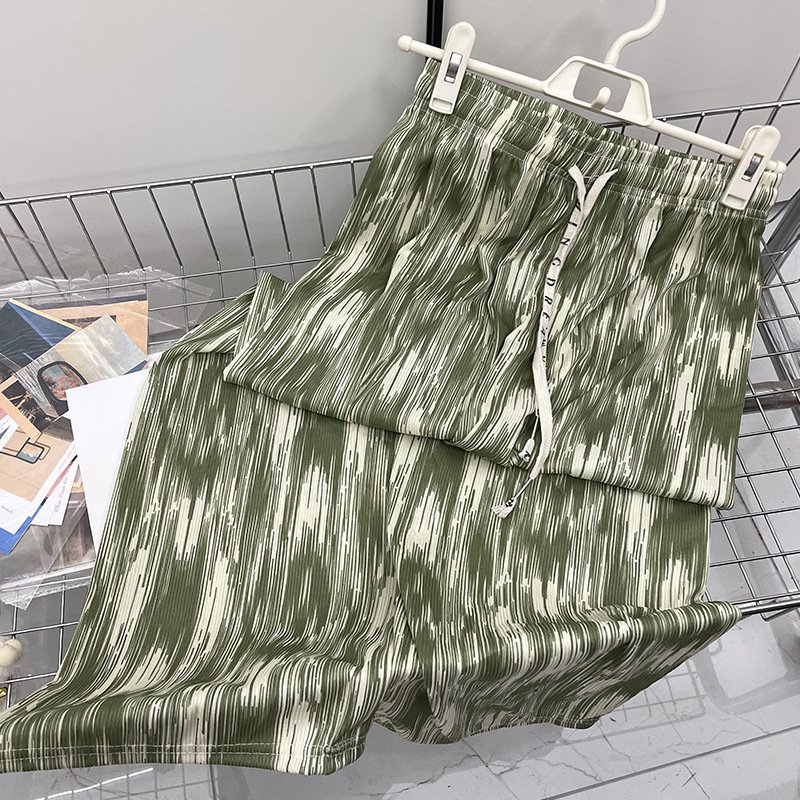 Tie Dyed Print Women Casual Pants High Waist Drawstring Loose Ice Silk Trousers Spring Summer Lady Soft Wide Leg Pants