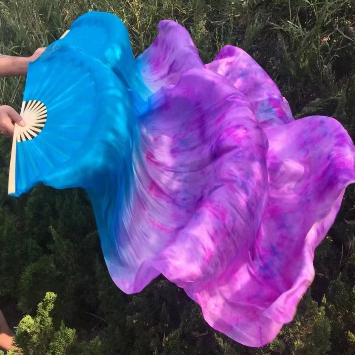 Tie Dye Silk Fan Veil Belly Dancing Long Fans Worship Praise Dance Prop