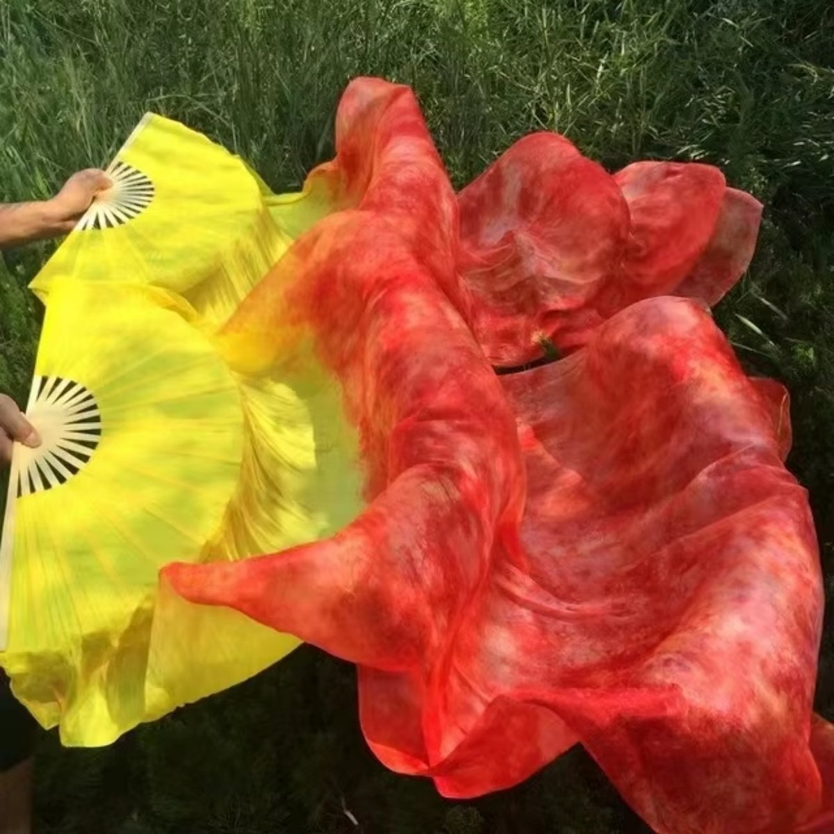 Tie Dye Silk Fan Veil Belly Dancing Long Fans Worship Praise Dance Prop