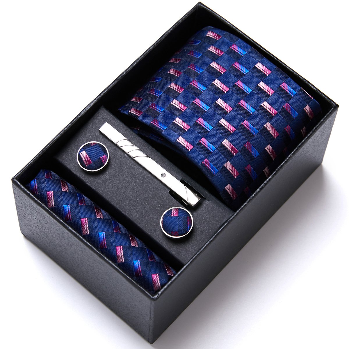 Hot Sale 7.5 cm Tie Handkerchief Cufflink Set Necktie Box Blue Purple Floral Suit Accessories Holiday Gift Box Birthday Present