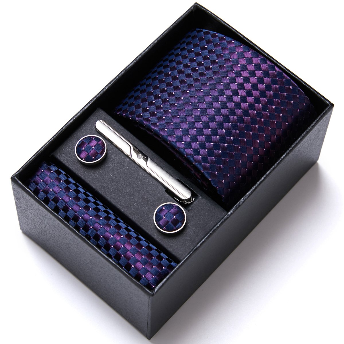 Hot Sale 7.5 cm Tie Handkerchief Cufflink Set Necktie Box Blue Purple Floral Suit Accessories Holiday Gift Box Birthday Present