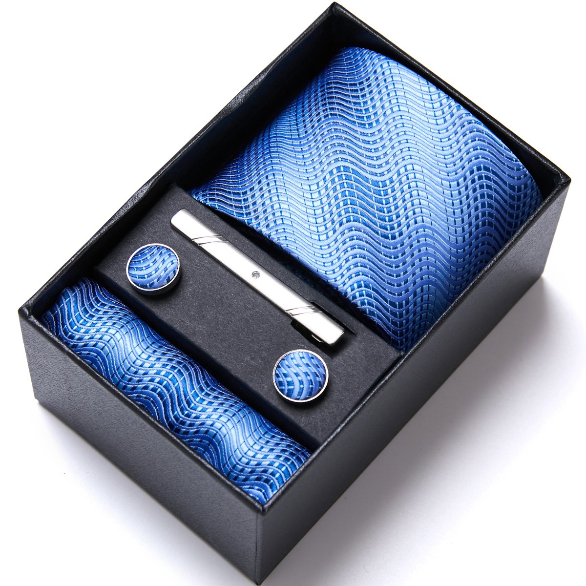 Hot Sale 7.5 cm Tie Handkerchief Cufflink Set Necktie Box Blue Purple Floral Suit Accessories Holiday Gift Box Birthday Present