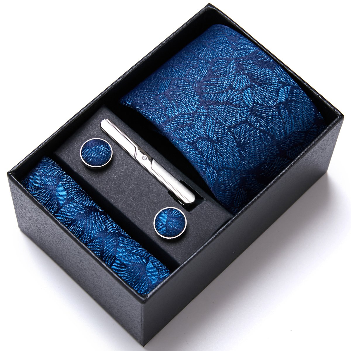 Hot Sale 7.5 cm Tie Handkerchief Cufflink Set Necktie Box Blue Purple Floral Suit Accessories Holiday Gift Box Birthday Present
