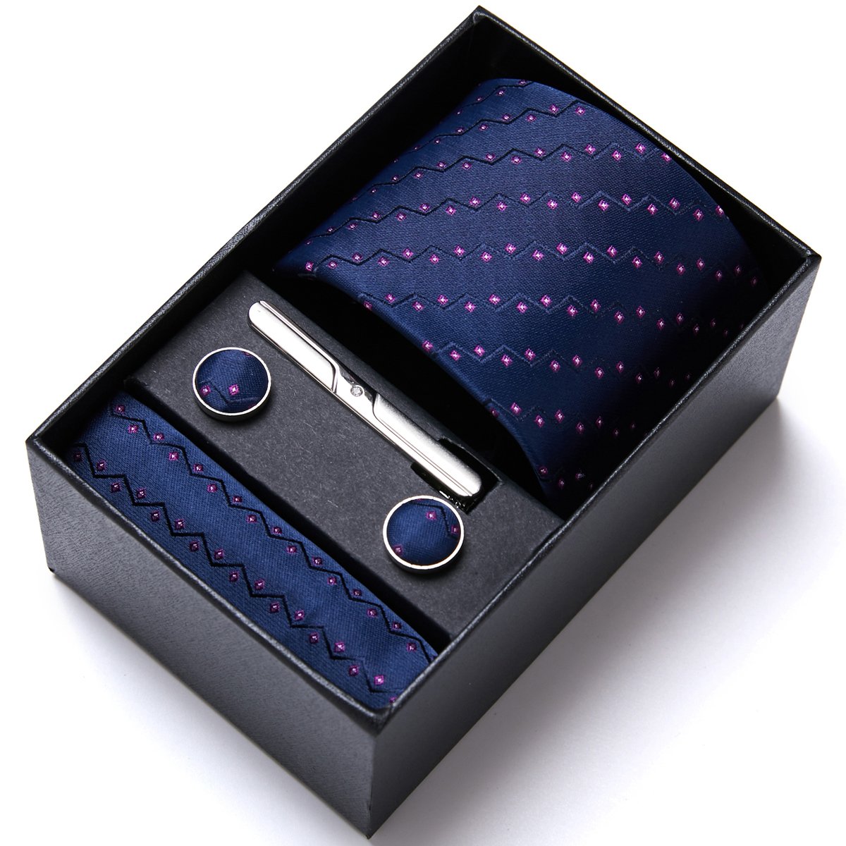 Hot Sale 7.5 cm Tie Handkerchief Cufflink Set Necktie Box Blue Purple Floral Suit Accessories Holiday Gift Box Birthday Present