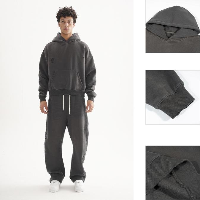 2024 Distressed Vintage Men Boxy Fit Hoodie Sweatpants Set 2 Pieces Custom Print 400 GSM Cropped Hoodie Jogger Set for Men