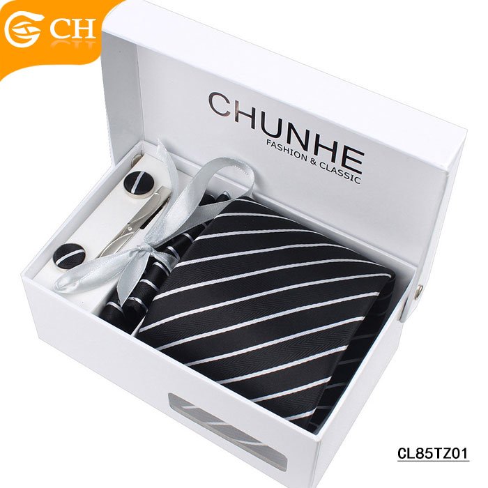Cheap Custom Strip Fashion Style Ready Polyester Neckties Mens Ties Set Box Strip Cufflink Hanky Neck Tie Set Box