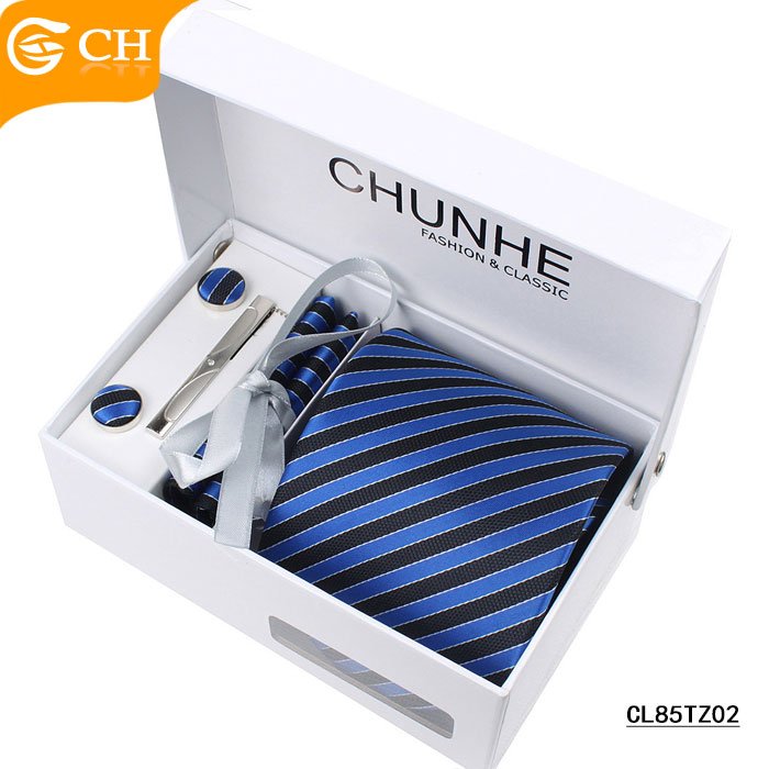 Cheap Custom Strip Fashion Style Ready Polyester Neckties Mens Ties Set Box Strip Cufflink Hanky Neck Tie Set Box
