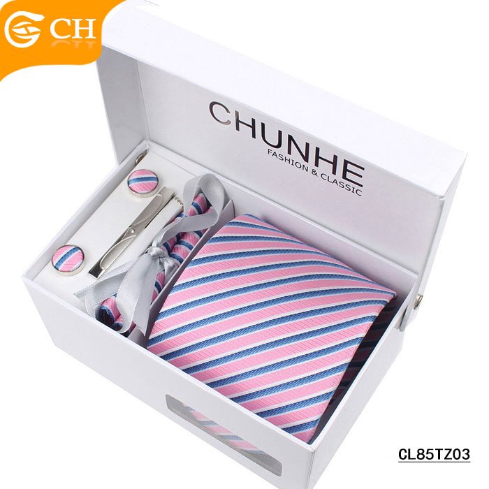 Cheap Custom Strip Fashion Style Ready Polyester Neckties Mens Ties Set Box Strip Cufflink Hanky Neck Tie Set Box