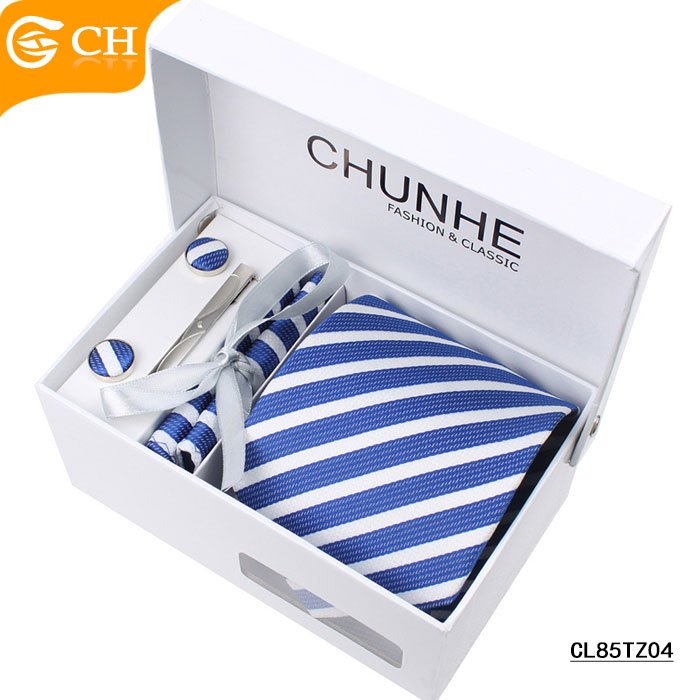 Cheap Custom Strip Fashion Style Ready Polyester Neckties Mens Ties Set Box Strip Cufflink Hanky Neck Tie Set Box