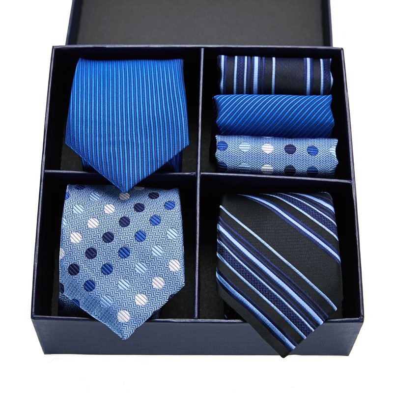 High Quality Gift Box 3 Set Tie Handkerchief Cufflink Set Pocket Squares Necktie For Men Red Blue Dot Fit Party Wedding Tie