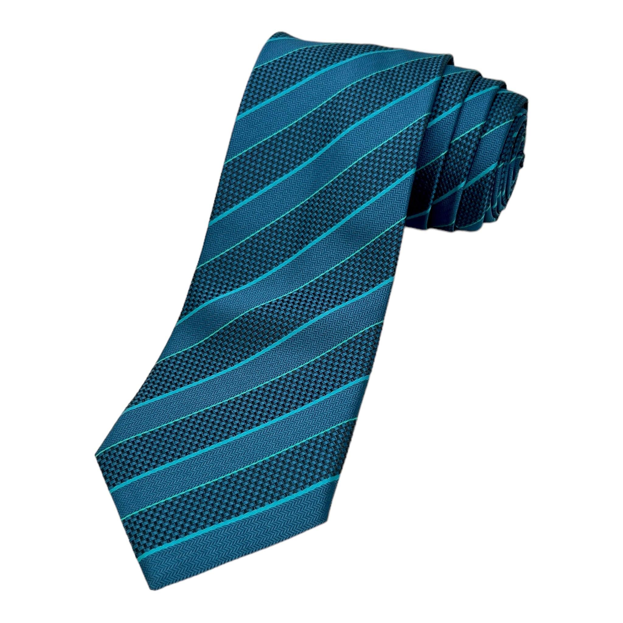 Teal Blue Stripe Tie And Pocket Square Combo