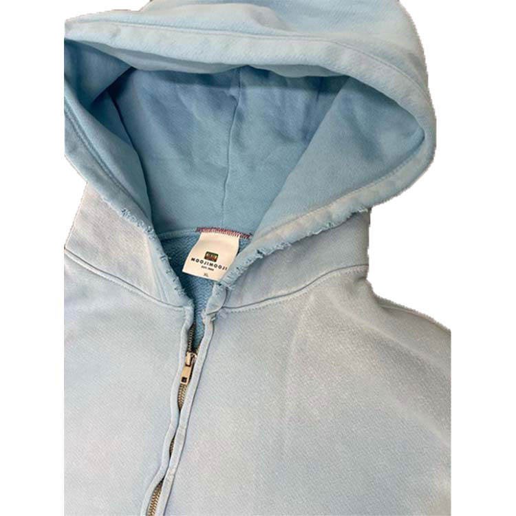 Light Blue Sun Faded Acid Stone Washed Distressed Hoodie Oversized Heavyweight Cotton Tie Dye Full Zip Up Vintage Mens Hoodies
