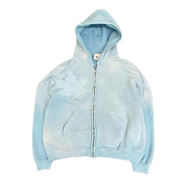 Light Blue Sun Faded Acid Stone Washed Distressed Hoodie Oversized Heavyweight Cotton Tie Dye Full Zip Up Vintage Mens Hoodies