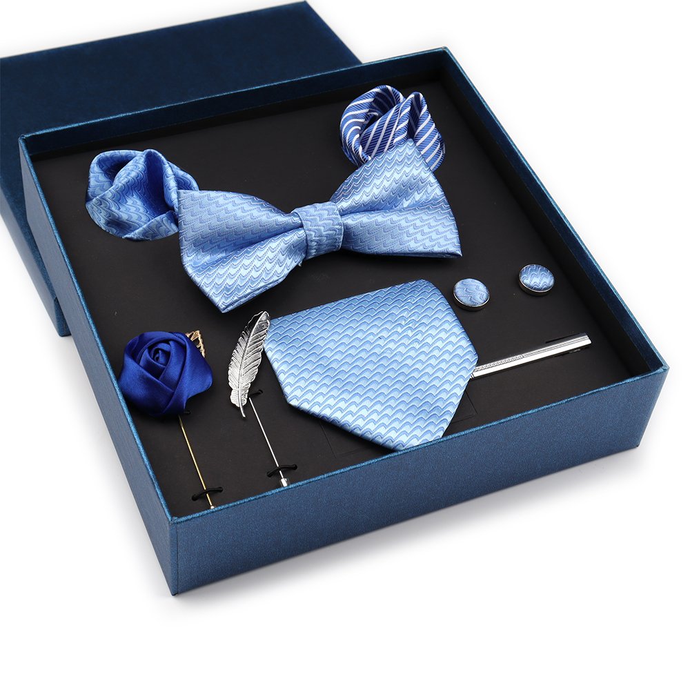 Classic Men Necktie Set Plaid Men Ties Set Box Blue Neck Tie And Cufflinks With Handkerchief Lapel Pins Set For Man