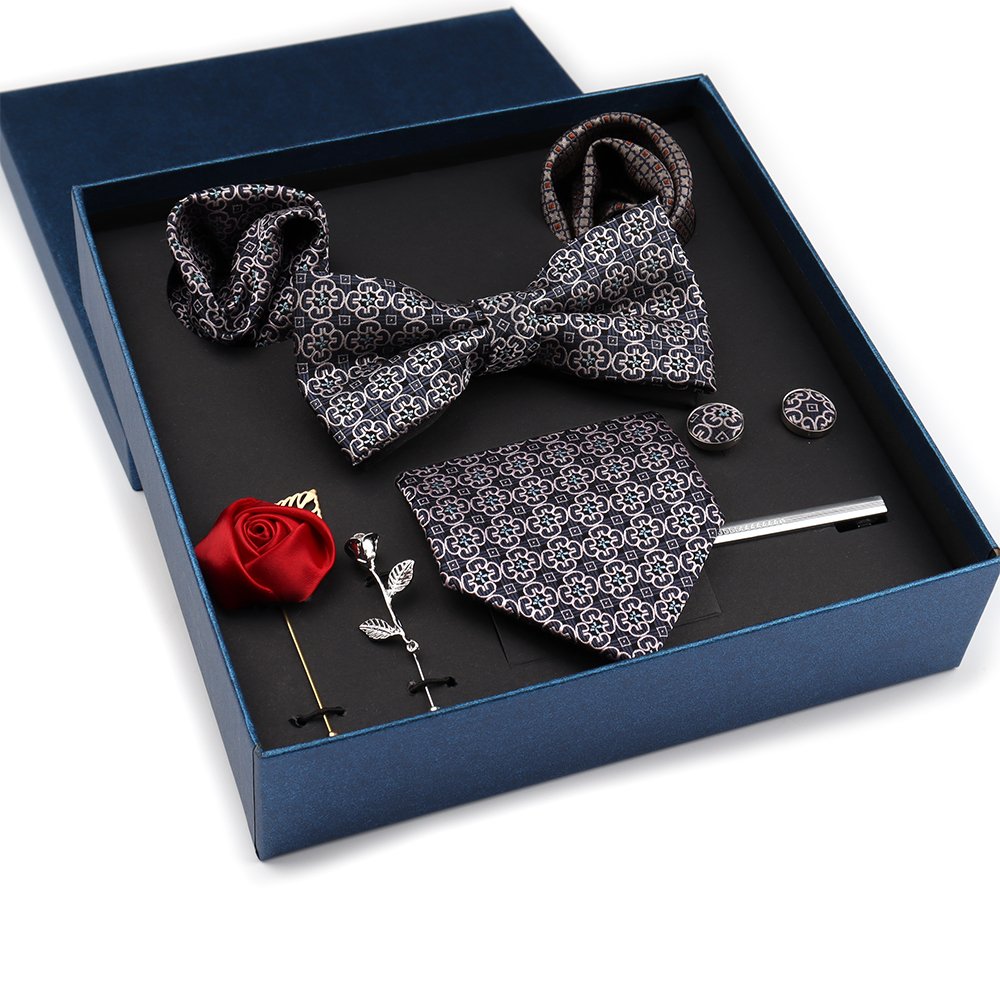 Classic Men Necktie Set Plaid Men Ties Set Box Blue Neck Tie And Cufflinks With Handkerchief Lapel Pins Set For Man