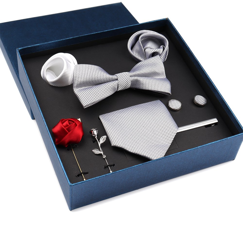 Classic Men Necktie Set Plaid Men Ties Set Box Blue Neck Tie And Cufflinks With Handkerchief Lapel Pins Set For Man
